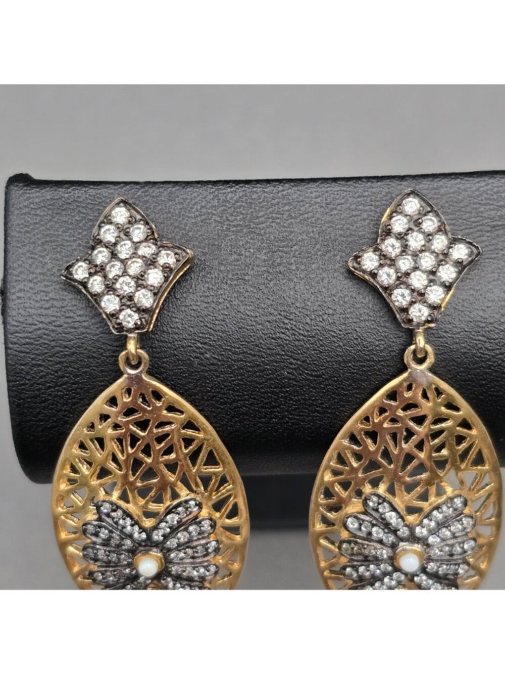 Esha Gold Plated Rhinestone Filigree Dangle Earrings 2.25" Designer Modern Post - Picture 3 of 11